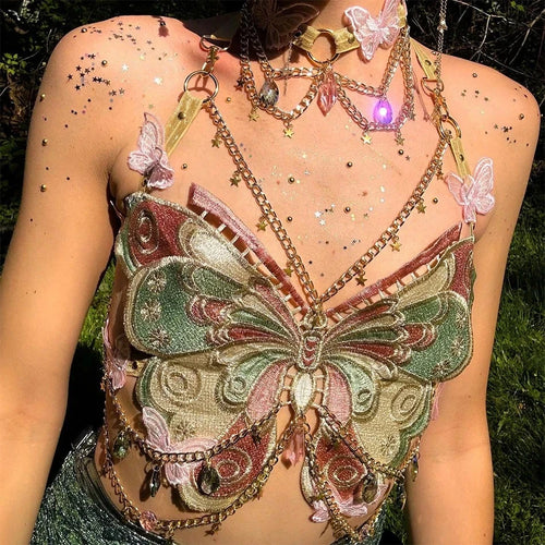ITGIRLSOCIETY Butterfly Embroidered Crystal Chain Backless Crop Top