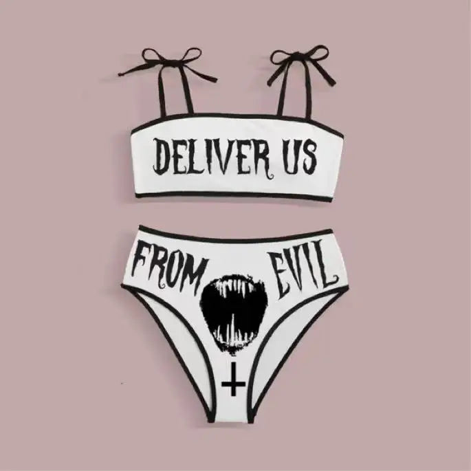 Punk Gothic Letters Print Bikinis Set Sexy Bikini 2023 Women Skull Pattern V-neck Swimwear Fashion Swimsuit Bathing Suit