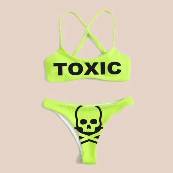 Punk Gothic Letters Print Bikinis Set Sexy Bikini 2023 Women Skull Pattern V-neck Swimwear Fashion Swimsuit Bathing Suit