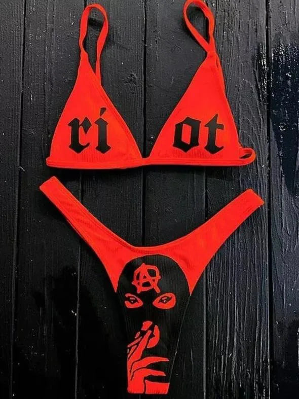 Punk Gothic Letters Print Bikinis Set Sexy Bikini 2023 Women Skull Pattern V-neck Swimwear Fashion Swimsuit Bathing Suit