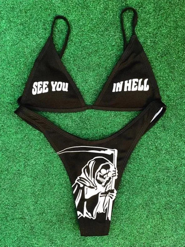 Punk Gothic Letters Print Bikinis Set Sexy Bikini 2023 Women Skull Pattern V-neck Swimwear Fashion Swimsuit Bathing Suit