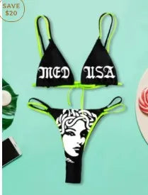 Punk Gothic Letters Print Bikinis Set Sexy Bikini 2023 Women Skull Pattern V-neck Swimwear Fashion Swimsuit Bathing Suit
