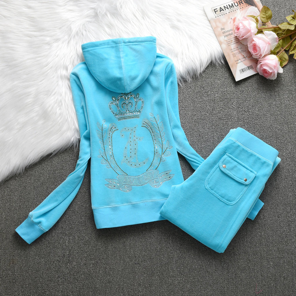 Velvet Tracksuit Hooded Winter Women Hooded Velvet Suit American Streetwear Casual Hooded Sweatshirt 2pc Casual Women's Suit