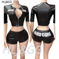 ITGIRLSOCIETY Y2K Letter Print Zip Crop Top & Shorts Streetwear Set