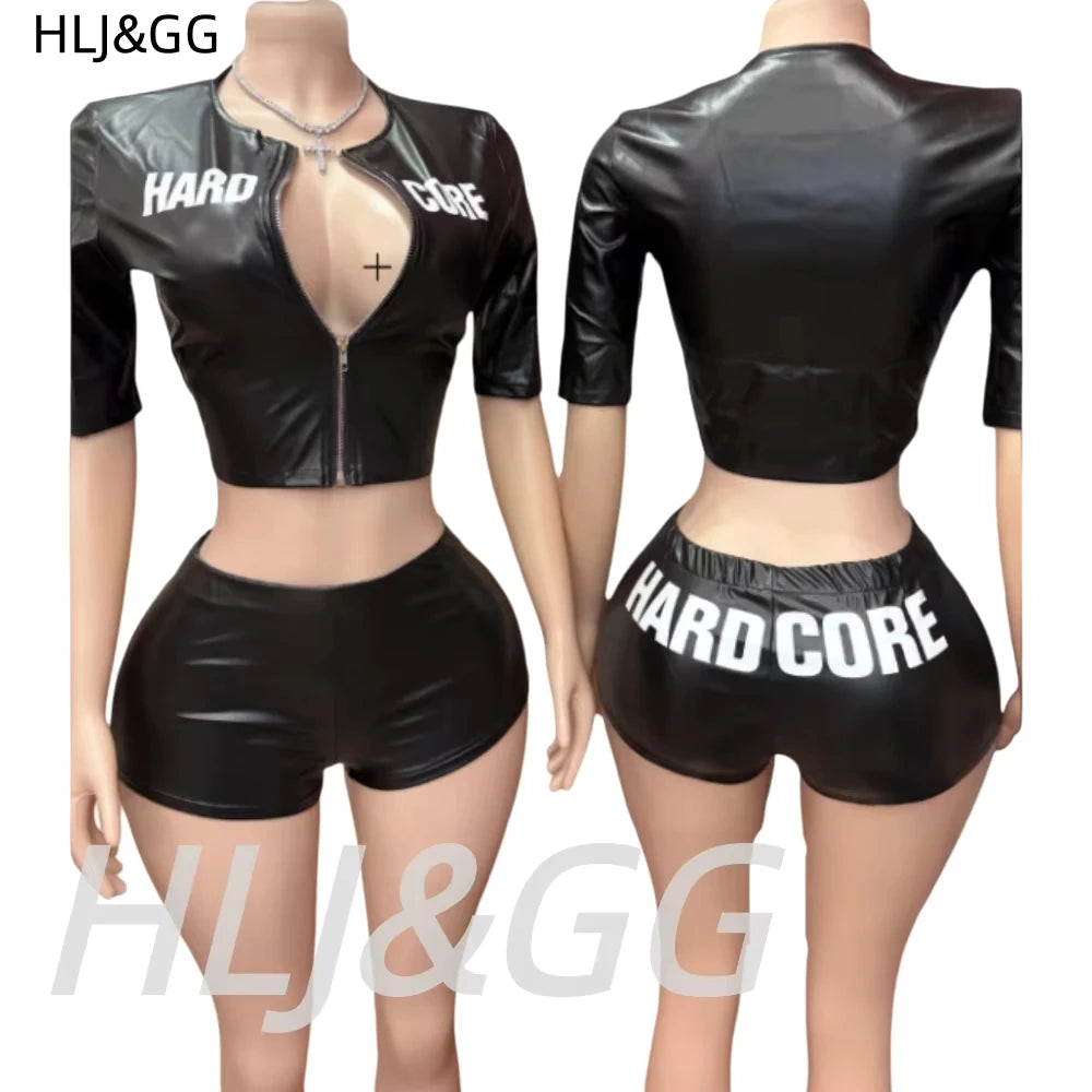 ITGIRLSOCIETY Y2K Letter Print Zip Crop Top & Shorts Streetwear Set