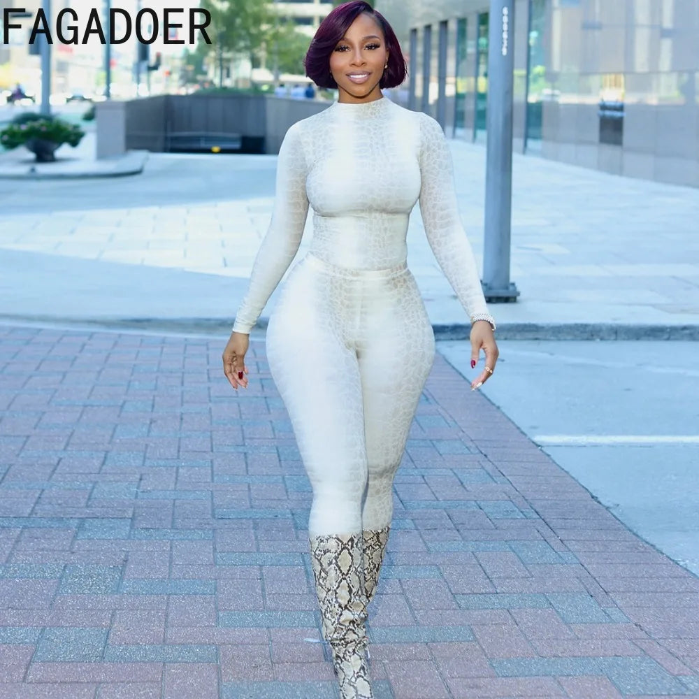 FAGADOER Sexy Leopard Print Two Piece Outfits Woman Round Neck Long Sleeves Crop Top and Skiny Pants Female Streetwear Clothing