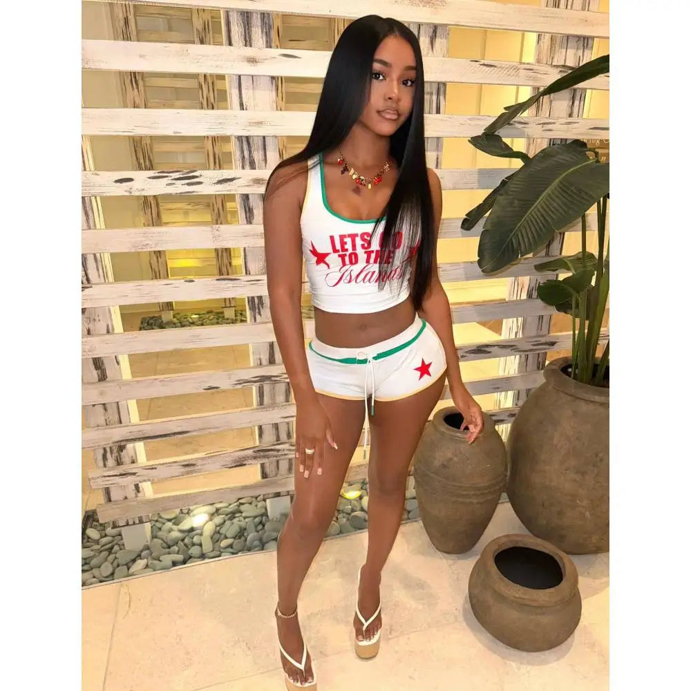 ITGIRLSOCIETY Y2K Star & Letter Print Crop Tank Top & Drawstring Shorts Set