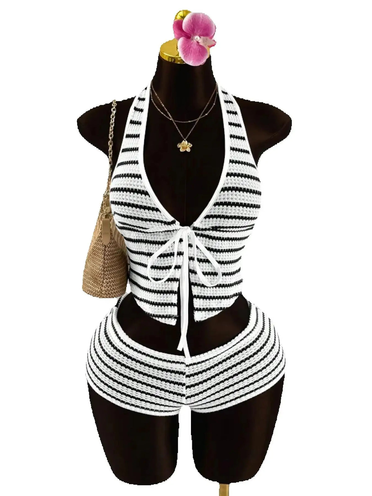 ITGIRLSOCIETY Color Block Tied Halter Two-Piece Set
