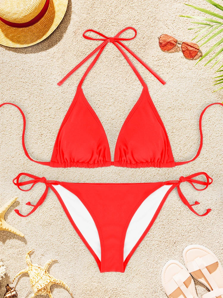 2Pcs Sexy Bikini Swimsuit For Women Solid Color Swimwear Summer Bathing Suits Females Backless Beachwear Halter Swimwear