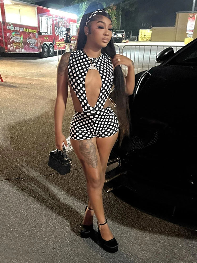 ITGIRLSOCIETY Polka Dot Hollow Bodysuit & Shorts Set