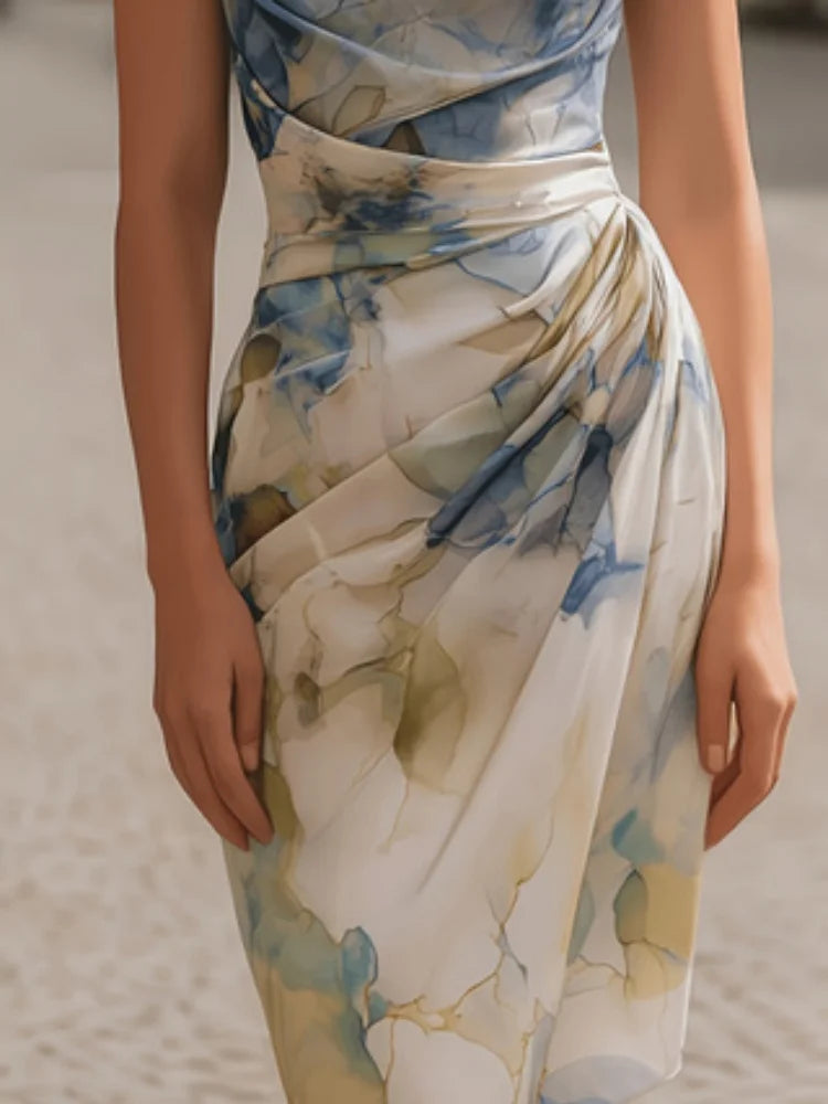 ITGIRLSOCIETY Elegant Off-the-Shoulder Printed Midi Dress