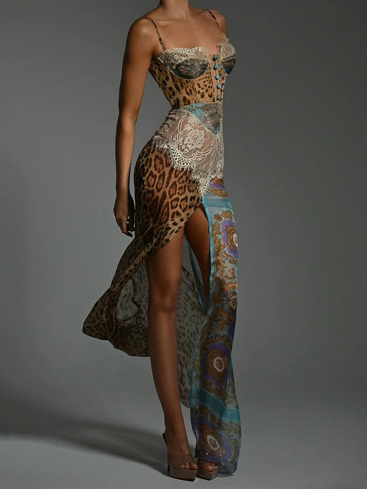 ITGIRLSOCIETY Leopard Print Lace Split Backless Maxi Dress