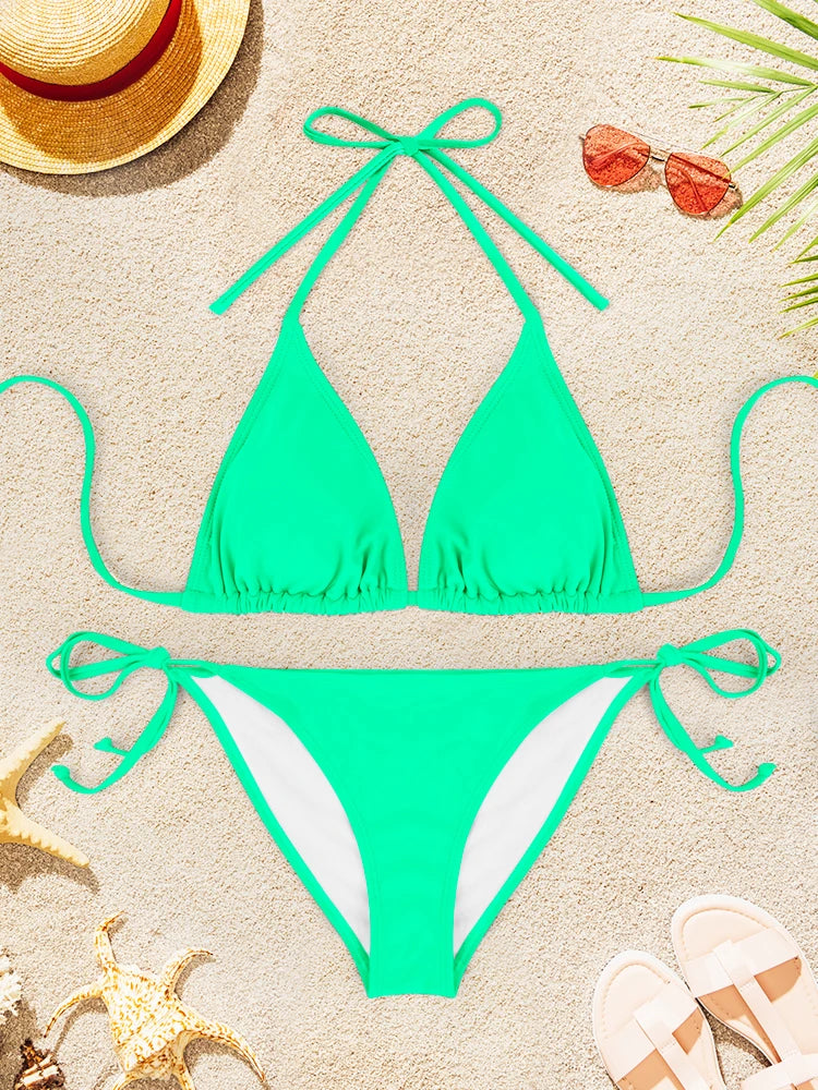 2Pcs Sexy Bikini Swimsuit For Women Solid Color Swimwear Summer Bathing Suits Females Backless Beachwear Halter Swimwear