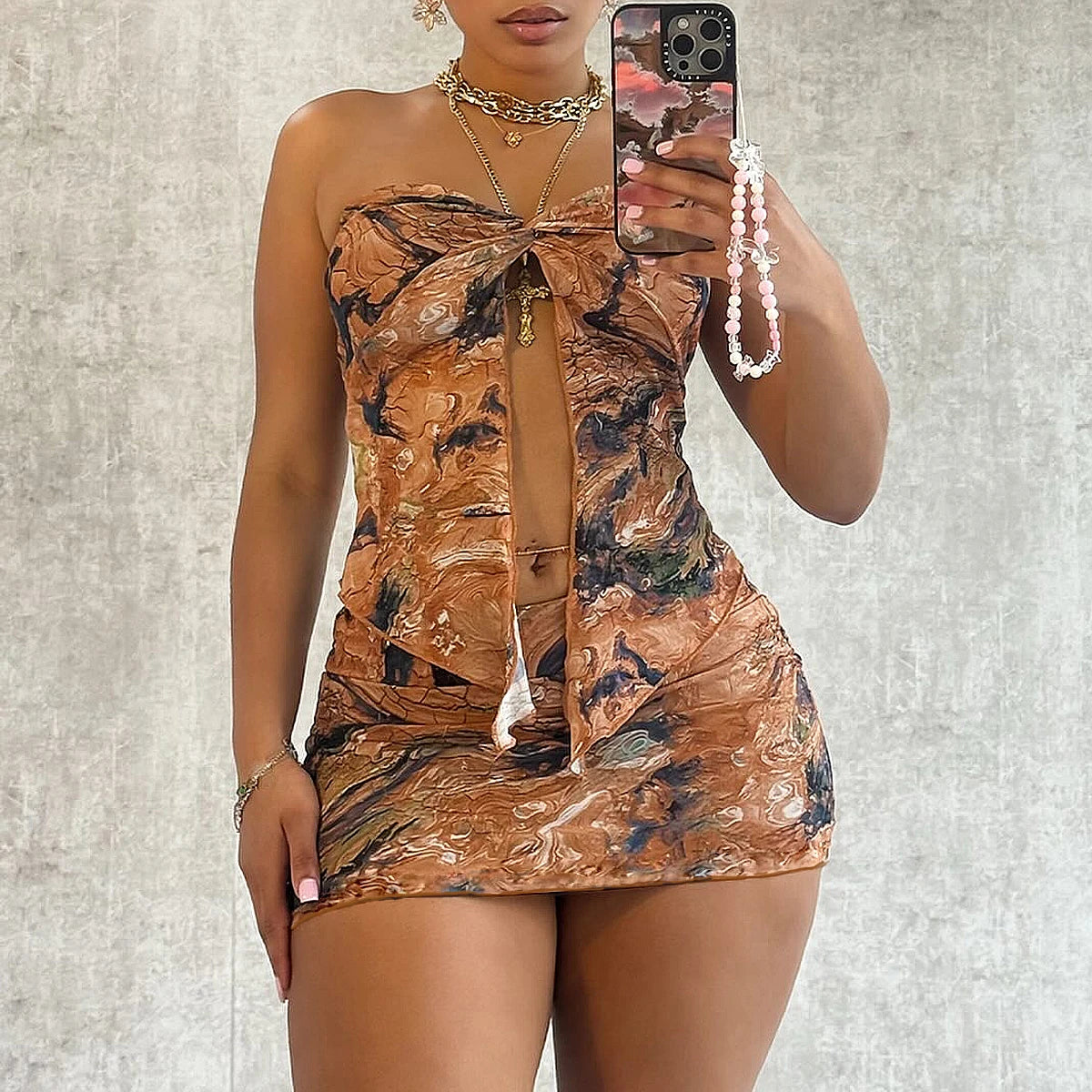 ITGIRLSOCIETY  Women's floral pleated sexy tight fitting slit strapless short skirt set