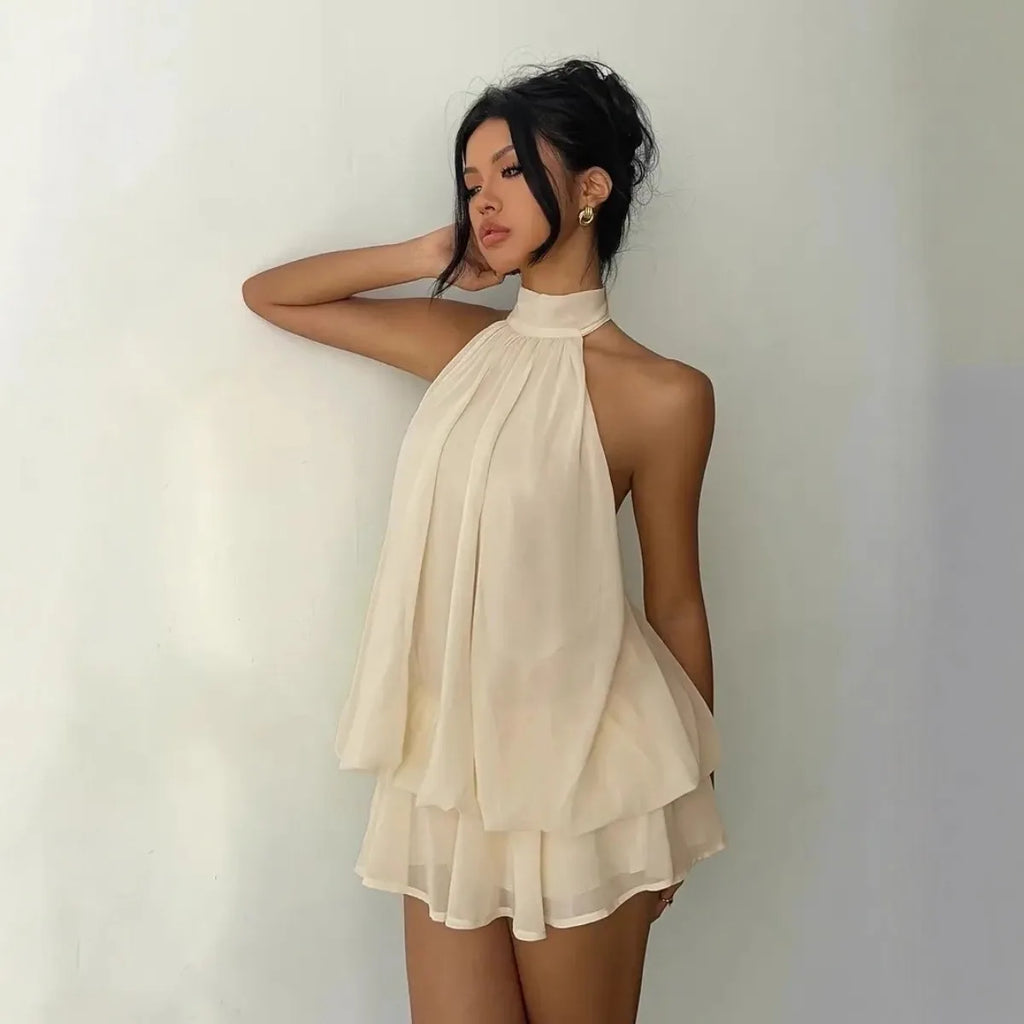 ITGIRLSOCIETY Backless Halter Tie-Front Mini Dress