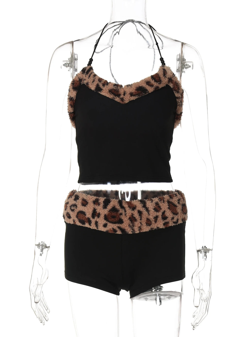 ITGIRLSOCIETY Leopard Print Furry Crop Cami & Shorts Set