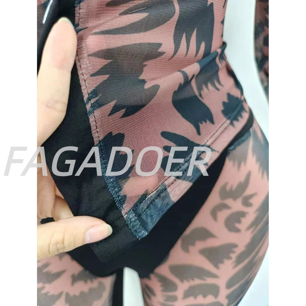 FAGADOER Autumn New Sexy Mesh See Through Woman 2 Piece Set Outfit Long Sleeve Crop Top and Pants Female Streetwear Clothing