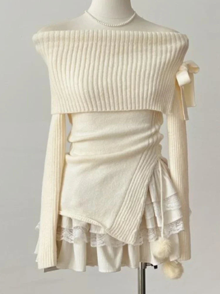 ITGIRLSOCIETY Slash Neck Bow Sweater & Mini Skirt Set