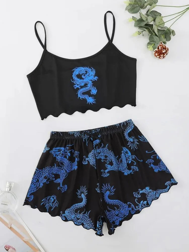ITGIRLSOCIETY Sexy Dragon Print Halter Top & Shorts Pajama Set