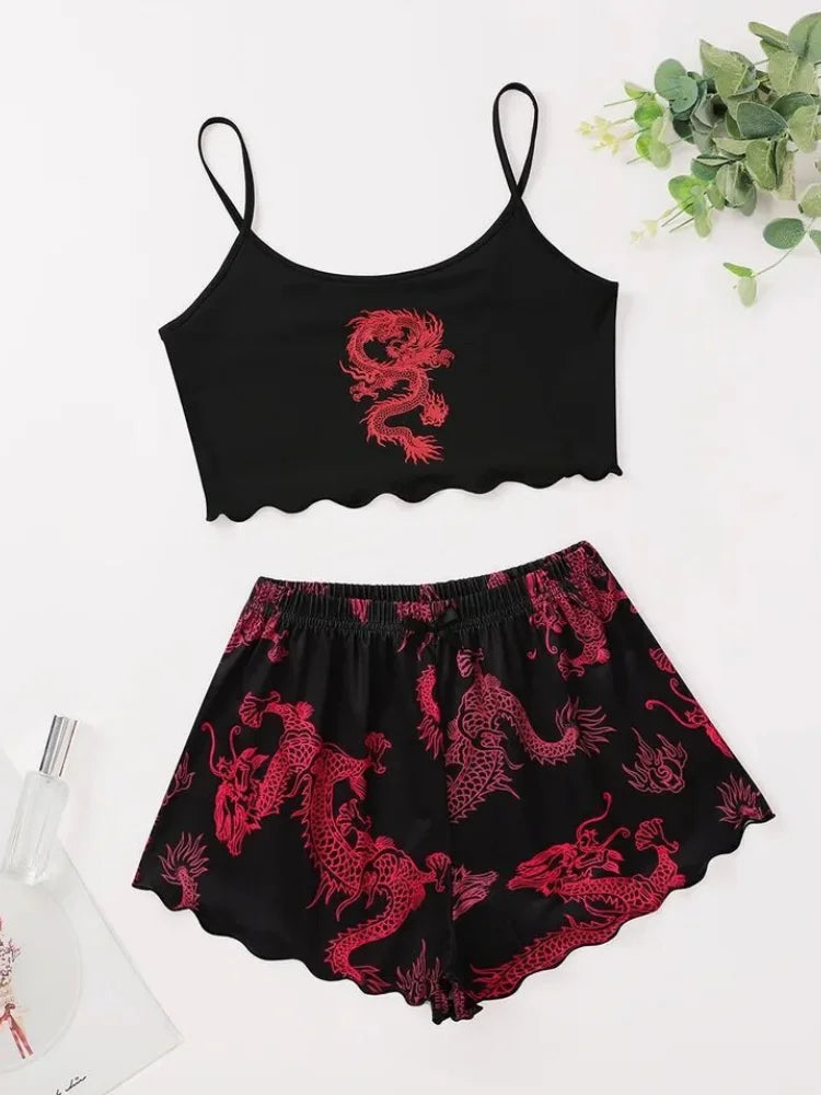 ITGIRLSOCIETY Sexy Dragon Print Halter Top & Shorts Pajama Set