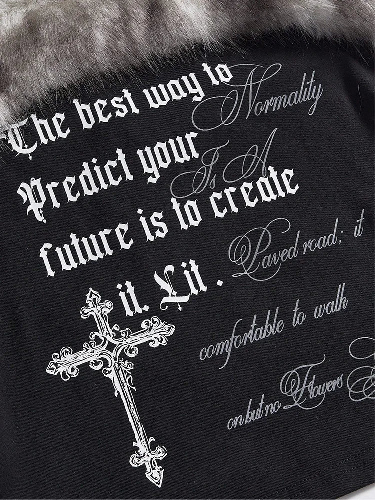 ITGIRLSOCIETY Y2K Goth Faux Fur Trim Cross Letter Print Cropped Halter Cami