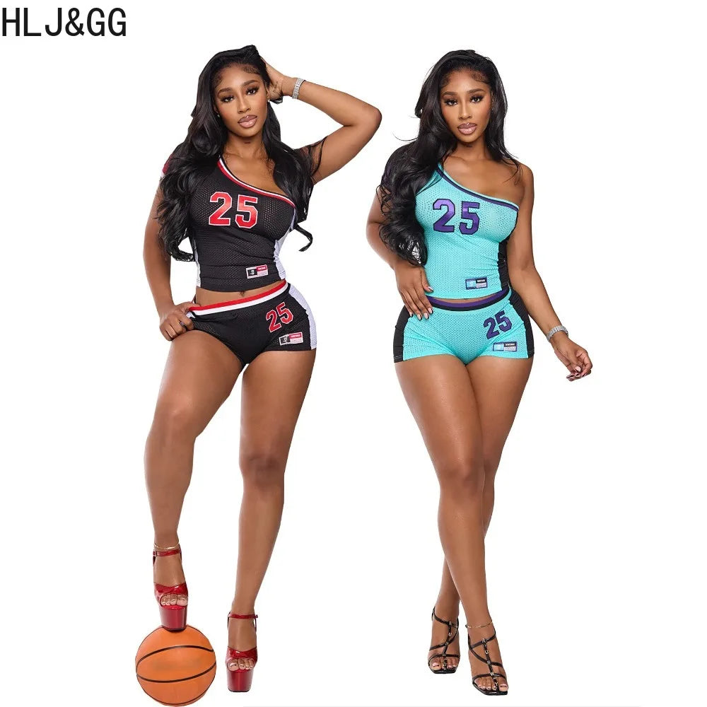 ITGIRLSOCIETY Letter Print One-Shoulder Crop Top & Shorts Set