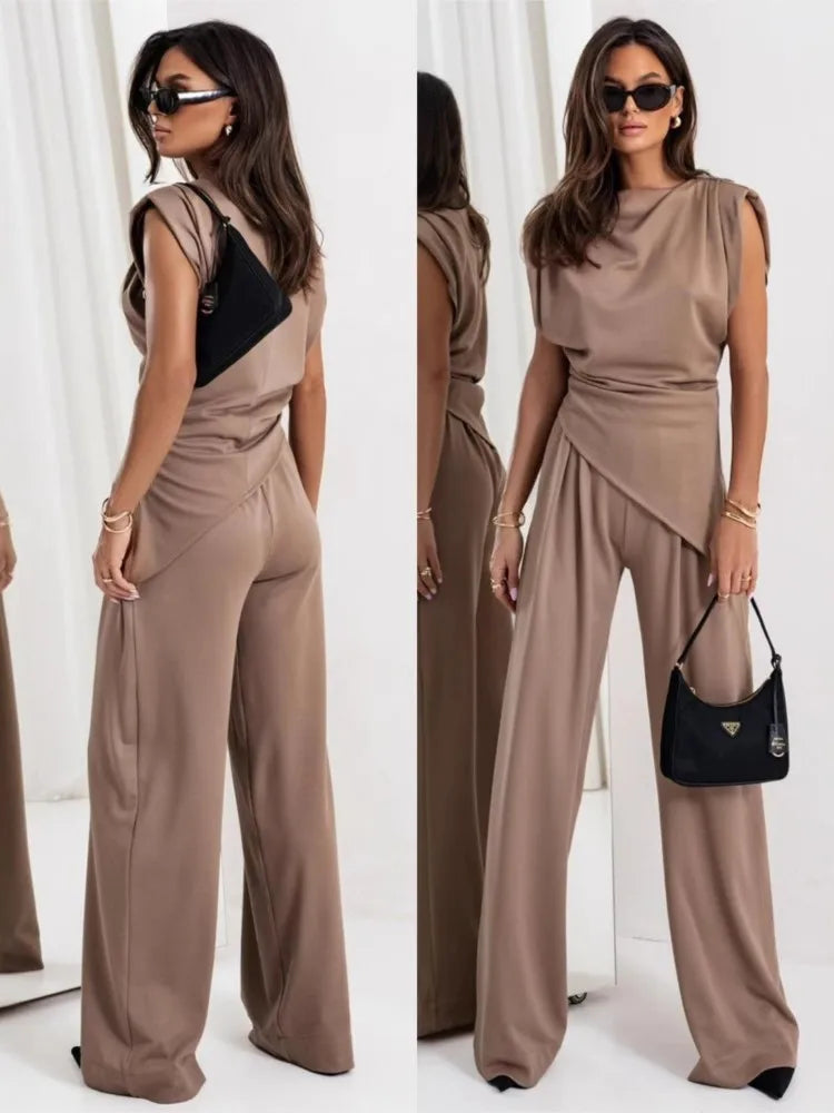 Summer Fashion Solid Two Piece Sets Women Elegant Slim Office Suit Casual Irregular Top And Wide Leg Pants 2 Piece Set Female