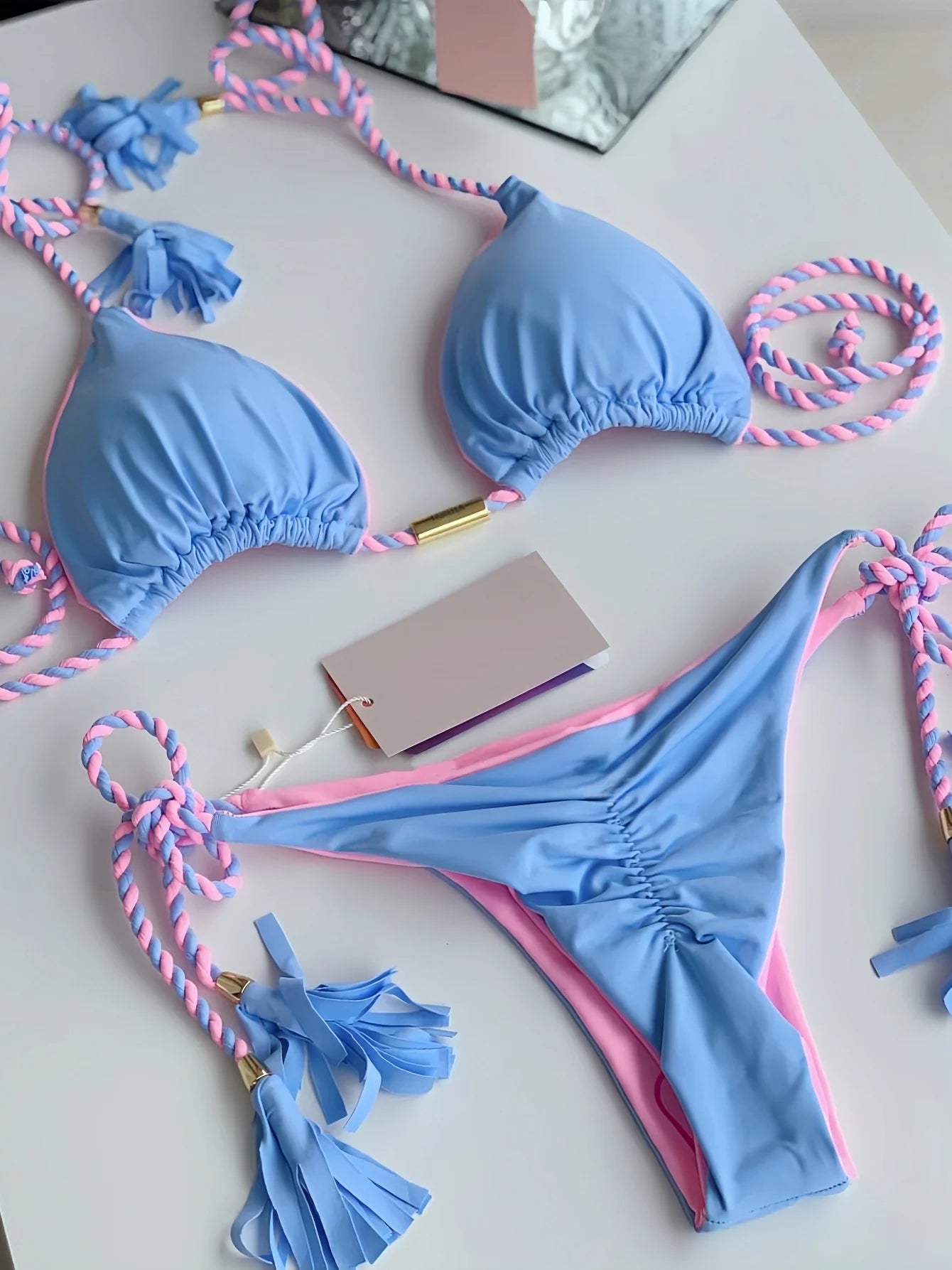 Sexy Solid color Two-piece Triangle Swimwear Women's Swimsuit Braiding rope Bikinis Set Beach Bathing Suit Brazilian Biquinis