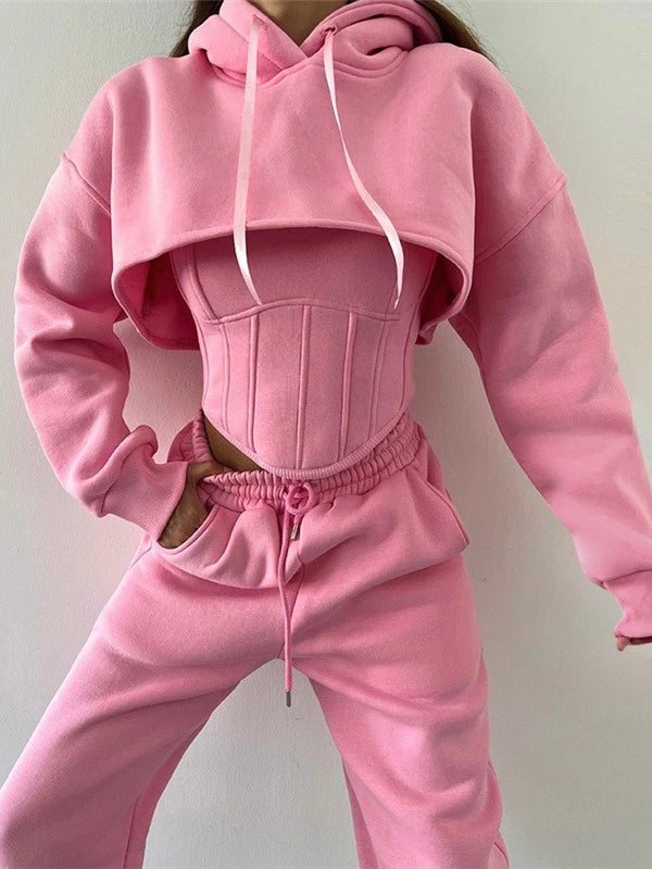 Yaminiya Y2K Sexy Sportswear Women's 3 Piece Set Long Sleeved Hooded Cardigan+slim Fit Strapless Vest+straight Leg Wide Pants