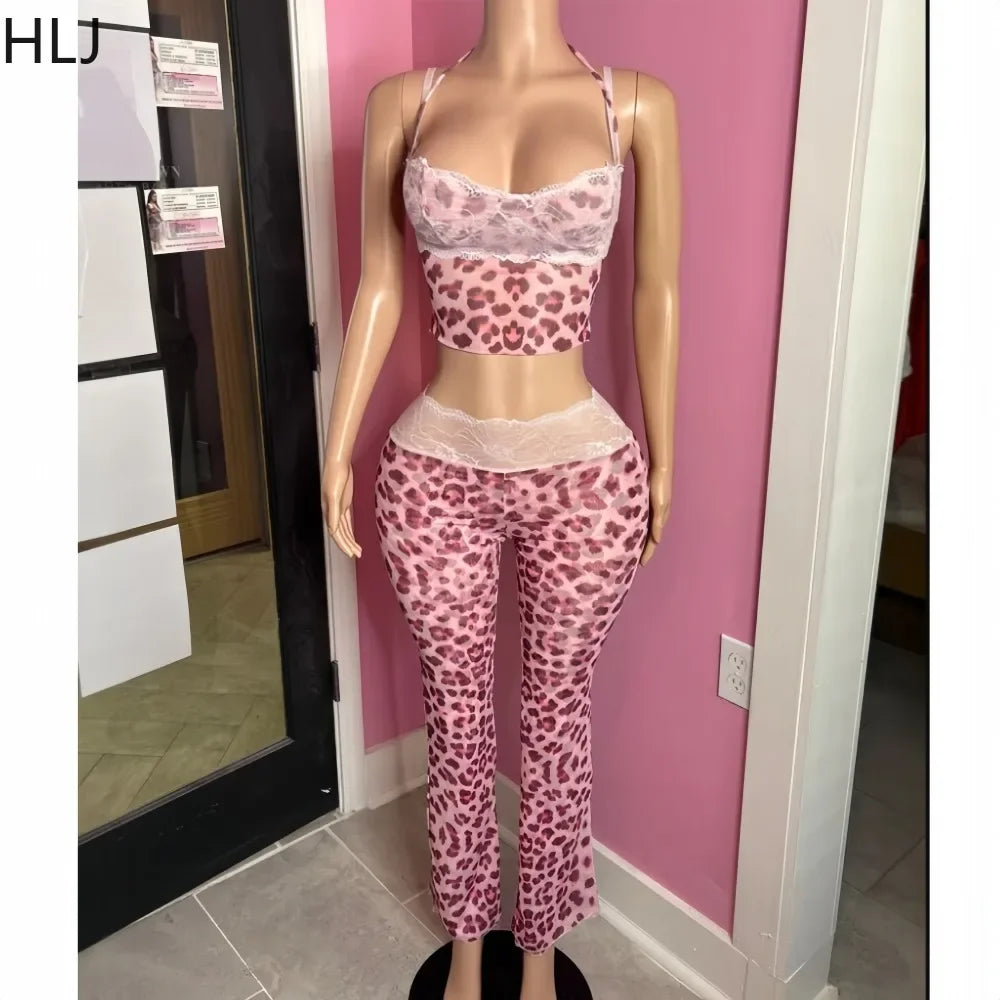 HLJ Sexy Lace Patchwork Woman 2 Piece Set Outfit Spaghetti Strap Crop Top and Flare Pants Suits Female Streetwear Clothing New