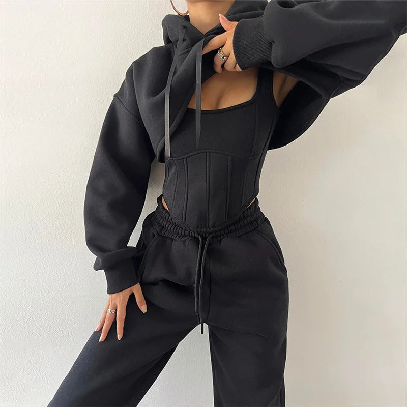 Yaminiya Y2K Sexy Sportswear Women's 3 Piece Set Long Sleeved Hooded Cardigan+slim Fit Strapless Vest+straight Leg Wide Pants