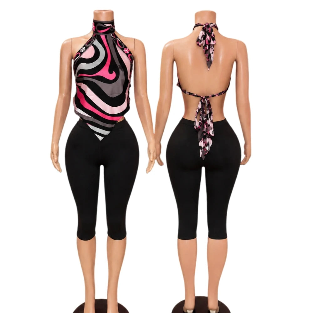 ITGIRLSOCIETY Halter Backless Top & Capri Pants Two Piece Set