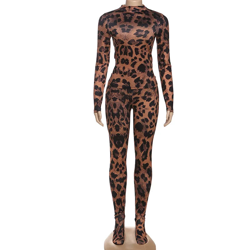 ITGIRLSOCIETY Leopard Print Long Sleeve Top & Ankle Pants Set