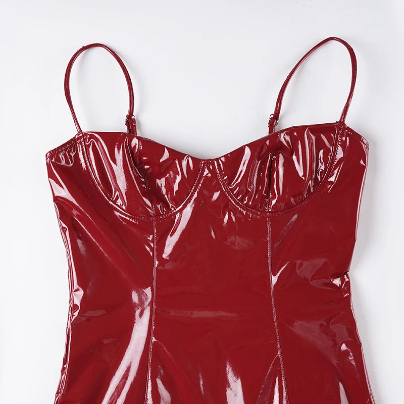 Sexy Slim Pu Leather Bodycon Dress Clubwear Party Dress Solid Sweetheart Neck Sleeveless Camis Mini Dresses Women 2025 Summer