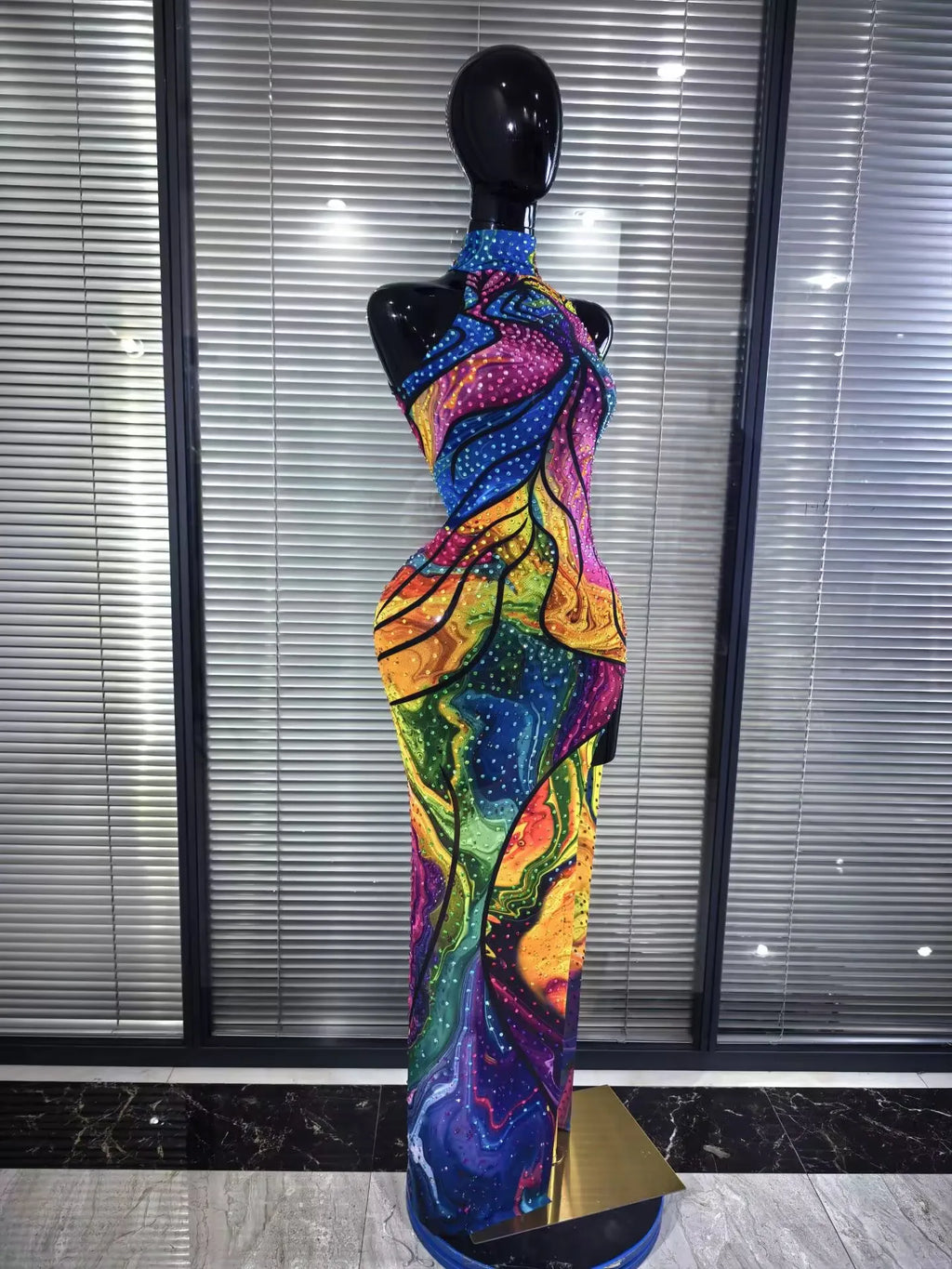ITGIRLSOCIETY Colorful Rhinestone Off-Shoulder Mesh Dress