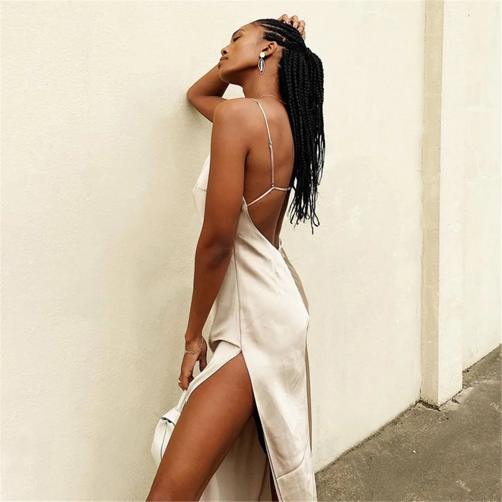 Satin Silky Spaghetti Strap Split Backless Summer Women Long Dress  Bodycon Evening Beach Party Dress