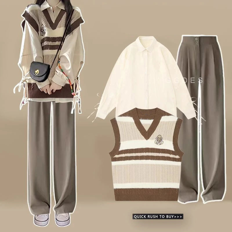 ITGIRLSOCIETY Preppy Knit Vest, Bandage Shirt & Wide-Leg Pants Three Piece Set