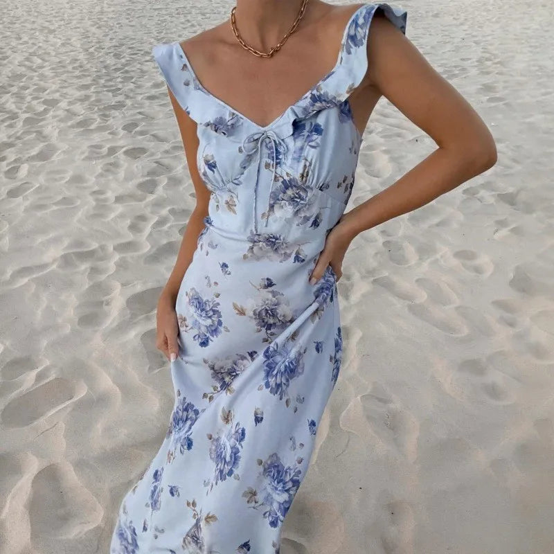 ITGIRLSOCIETY Sunny Floral Print Backless Spaghetti Strap Maxi Dress