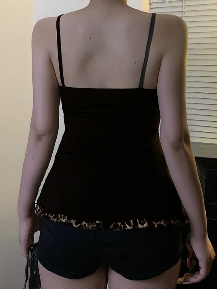 ITGIRLSOCIETY Leopard Lace-Up Patchwork Crop Tank Top