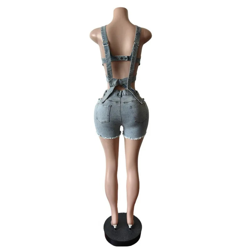 ITGIRLSOCIETY Hollow-Out Denim Strapless Top & Shorts Set