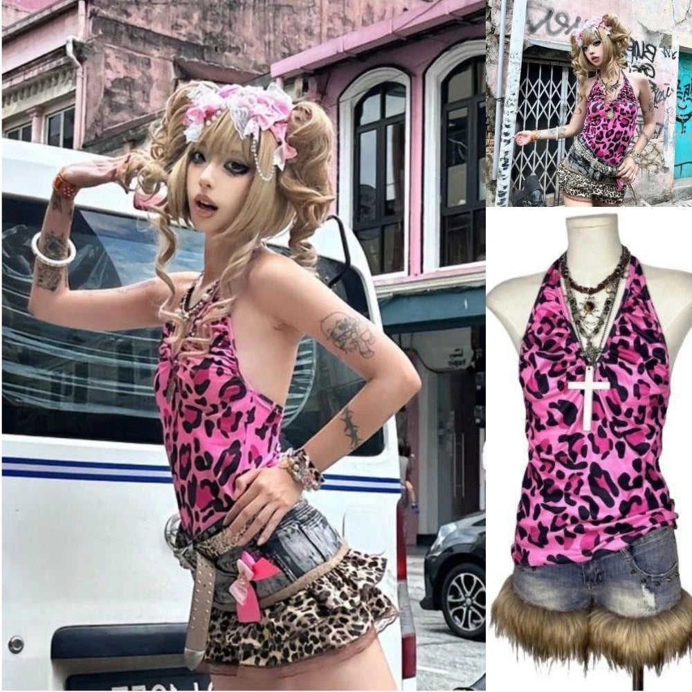 ITGIRLSOCIETY Y2K Leopard Lace Patchwork Cami Tank Top