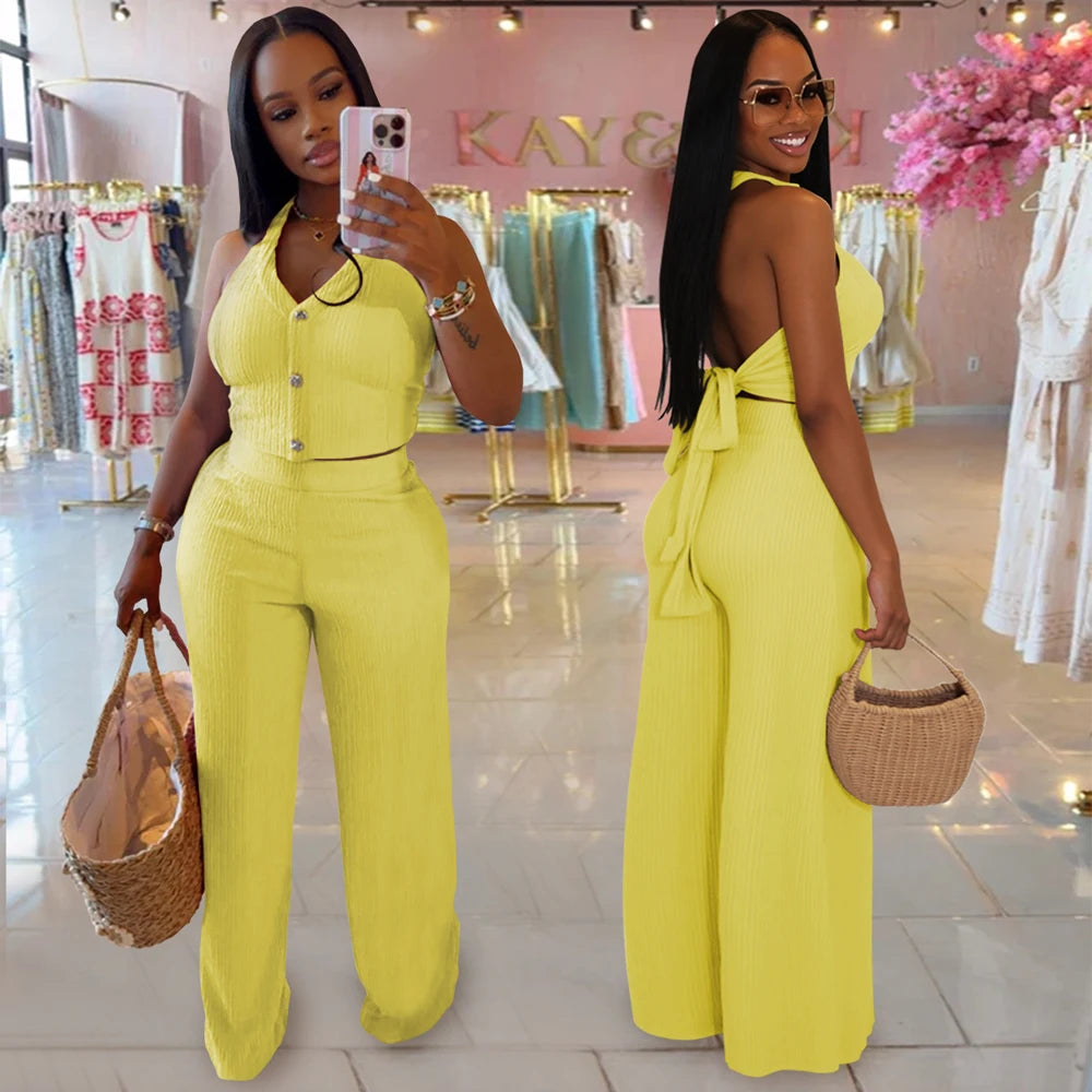 Fashion Ribbed Women's Set Backless Halter Neck Crop Top and Wide Leg Pants Suit 2025 Summer Street Wear Casual 2 Two Piece Sets