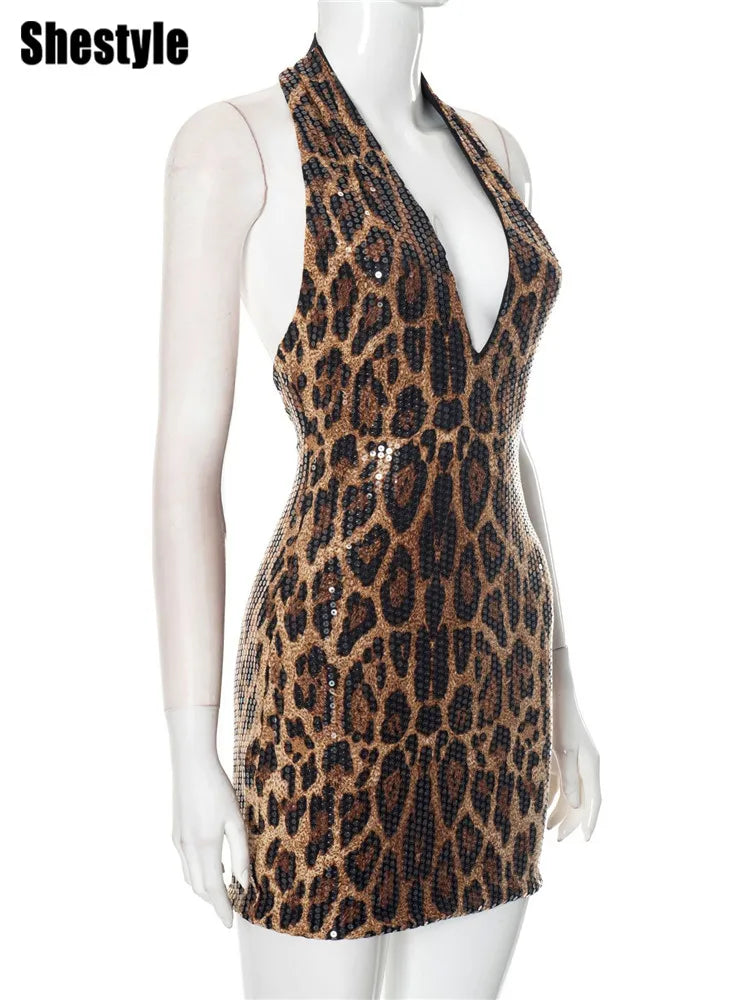 Shestyle V Neck Sequin Mini Sexy Dress Women Backless Sleeveless Halter Leopard Sheath Skinny Party Outfits Dot Brown Wild 2025
