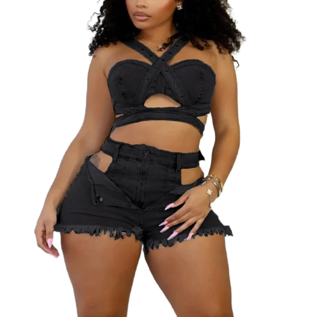 ITGIRLSOCIETY Hollow-Out Denim Strapless Top & Shorts Set