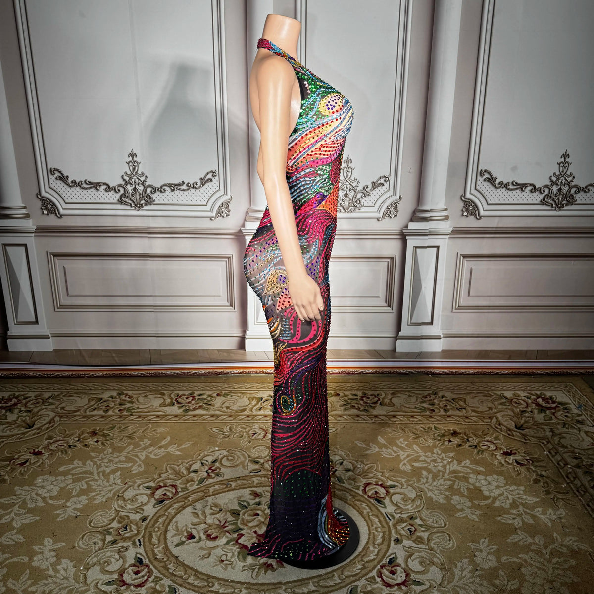 ITGIRLSOCIETY Sheer Mesh Crystal Rhinestone Gown