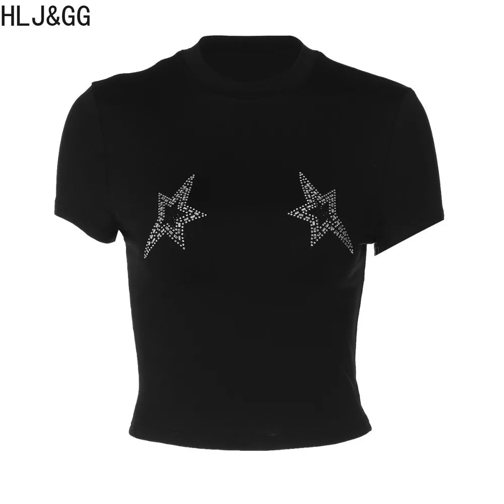 HLJ&GG Black Y2K Fashion Punk Hollow Shorts Two Piece Sets Women Round Neck Rhinestone Slim Crop Top + Shorts Outfits Streetwear
