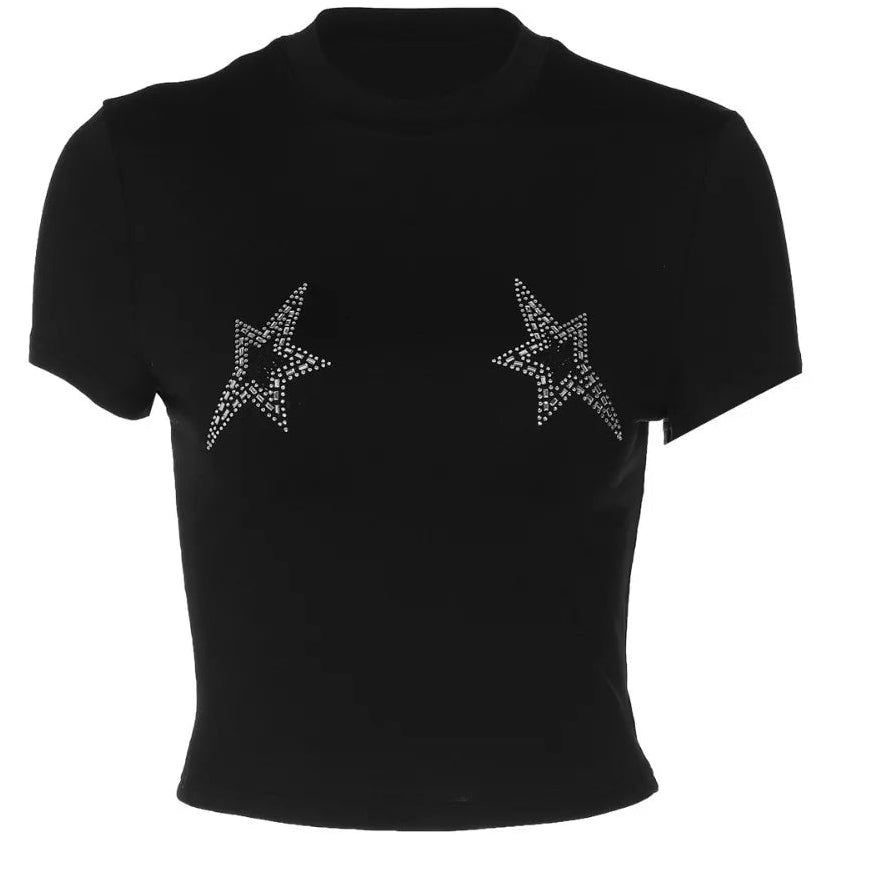 ITGIRLSOCIETY Black crop top with star designs on a white background