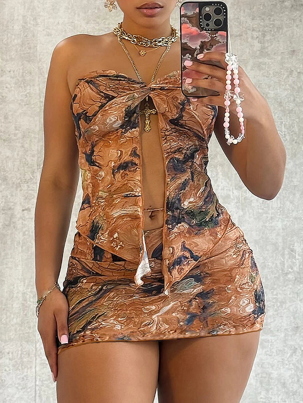 ITGIRLSOCIETY  Women's floral pleated sexy tight fitting slit strapless short skirt set