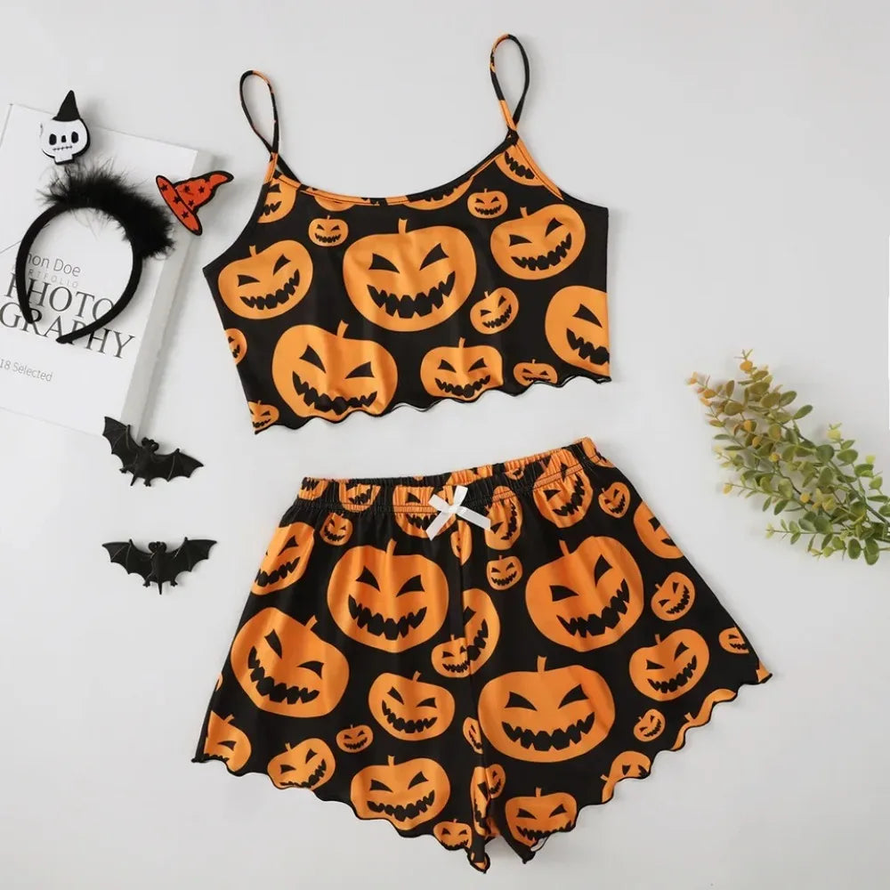 Halloween Pumpkin Print Two-Piece Pajamas Set