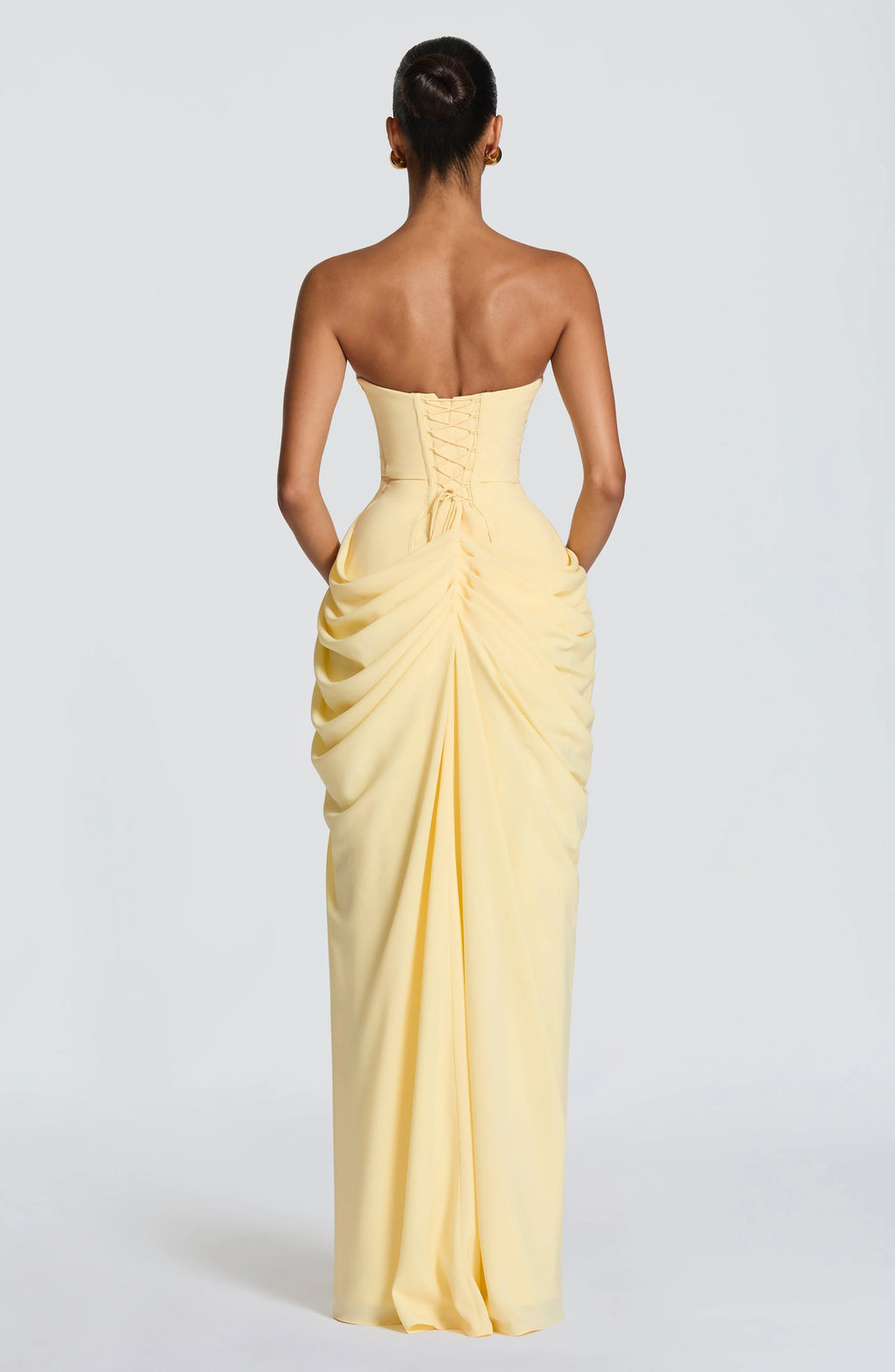 ITGIRLSOCIETY Strapless Ruched High Slit Maxi Dress